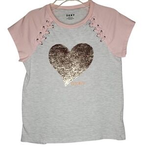 DKNY Girls XL 14-16 Gray Pink Flip Sequin Heart Lace Up Shoulder Raglan T-Shirt